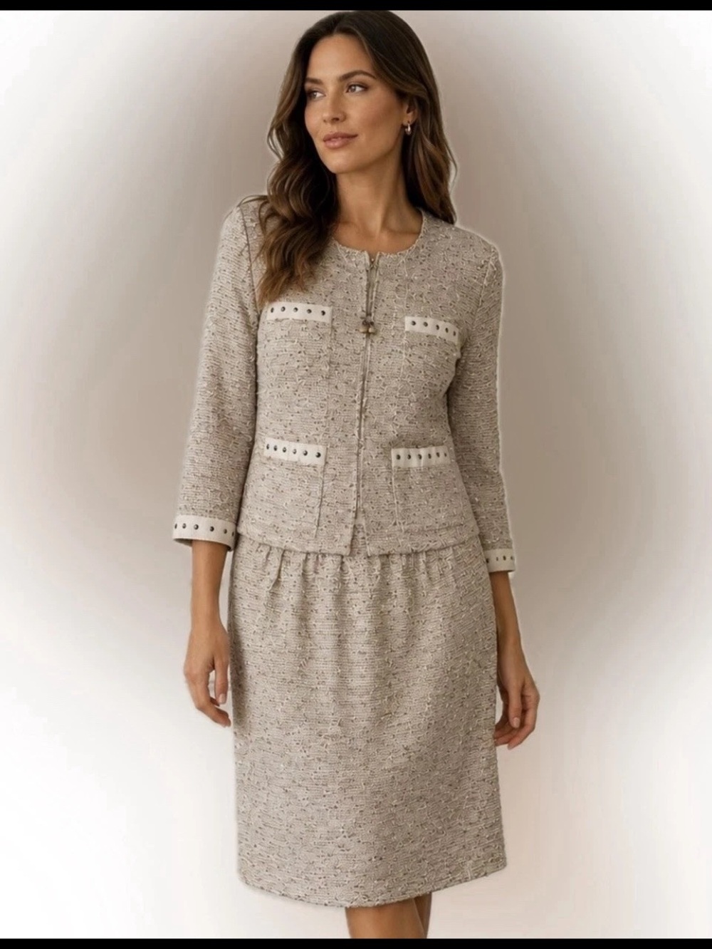 St. John Beige Bouclé Blazer and Skirt Suit Set Size 2